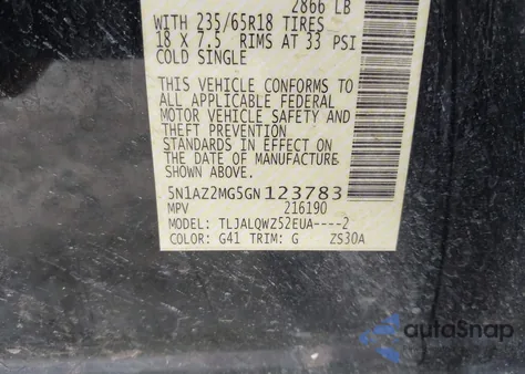 2016 Nissan Murano Platinum/S/Sl/Sv from USA, damaged, VIN 5N1AZ2MG5GN123783